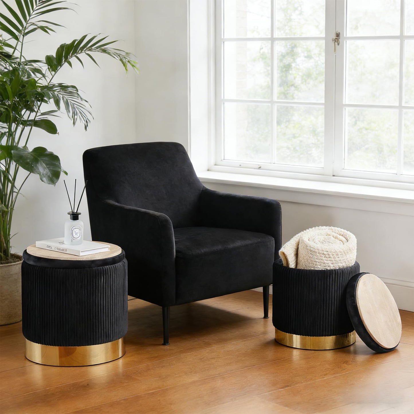 2BYF Round Ottoman with Storage Set of 2 Upholstered Velvet Vanity Stool for Living Room Storage Ottomans Multifunctional Foot Rest (Black with Bottom Gold)