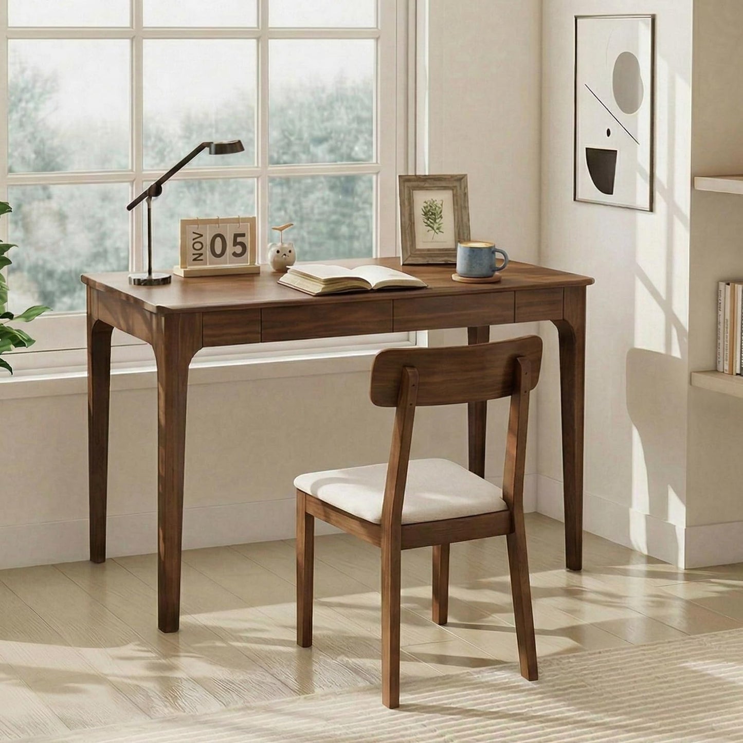 Zevemomo 47" Solid Wood Desk, Walnut Wooden Office Executive Desk with 2 Storage Drawers, Modern Gaming Sturdy Writing Table, Solid Wood Computer PC Workstation, Wooden Table for Bedroom Living Room