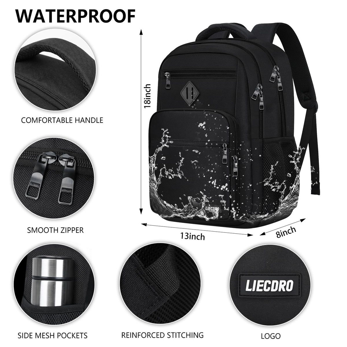 LIECDRO Black Backpack for Men, School Backpack for Boys Teens,15.6 inch Laptop Back Pack with Reinforced Straps, Backpacks for School Business Work College Travel, College Book Bag, Bookbag