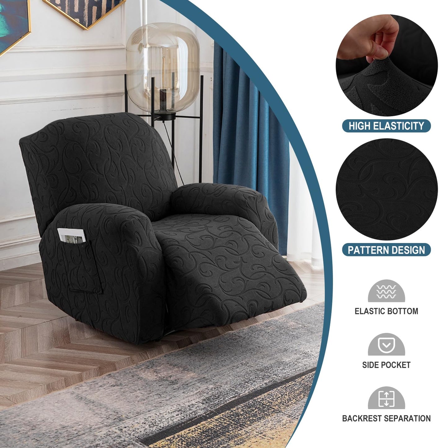 YUEANG 4 Pieces Recliner Cover Stretch Sofa Slipcover, Sofa Couch Cover for Reclining Couch 1 Seat, Washable Furniture Protector with Elastic Bottom for Kids, Dog