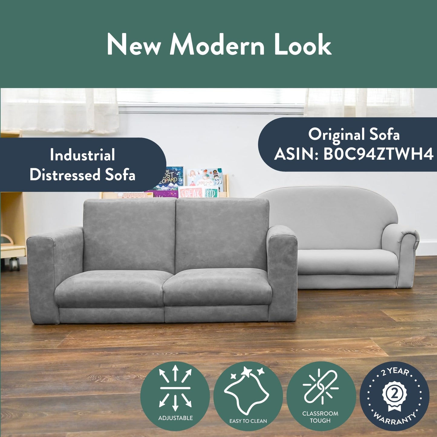 Children's Factory As We Grow Modern Kids Sofa, Flexible Seating for Classroom Elementary, Adjustible Kids Couch for Playrooms and Daycares, Faux Distressed Leather Gray