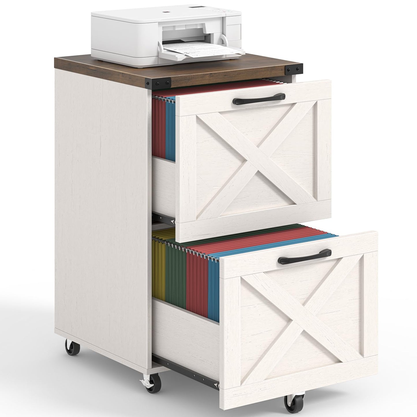 Halitaa 2 Drawer Small File Cabinet with Wheels, Farmhouse Vertical Filing Cabinet Fits A4/Letter Size, Under Desk Rolling File Cabinets for Home Office, Wooden Printer Stand, Rustic White
