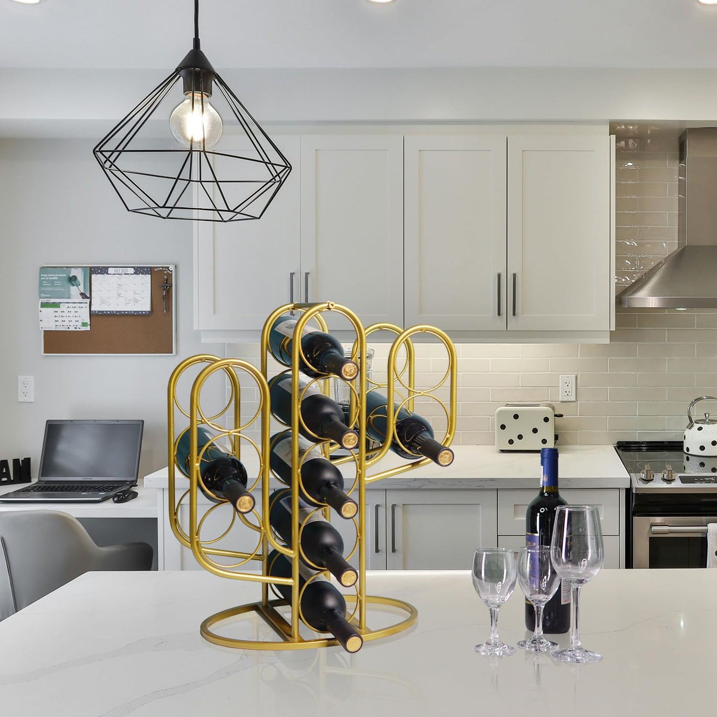 Mandaiter 10 Bottles Wine Rack, Decorative Metal Cactus Wine Holder Storage for Countertop, Desktop Wine Bottle Display Rack for Home, Kitchen, Bar, Cellar (Golden)