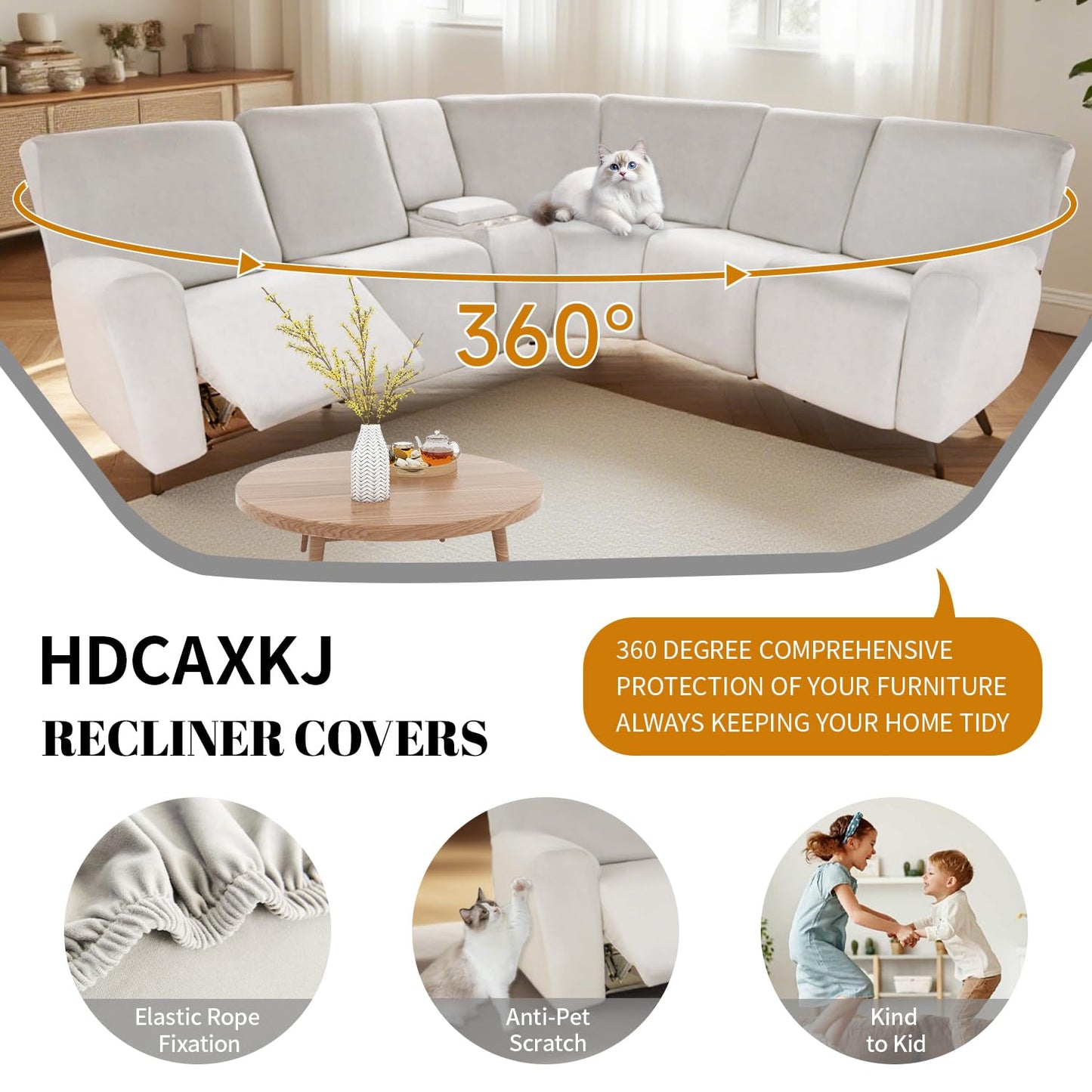 HDCAXKJ Reclining Sectional Couch Covers Velvet L Shaped Sectional Sofa Cover Washable Stretch Soft Corner Recliner Slipcover with Non-Slip Elastic Bottom (5 Seat and 2 Middle Console, Cream)