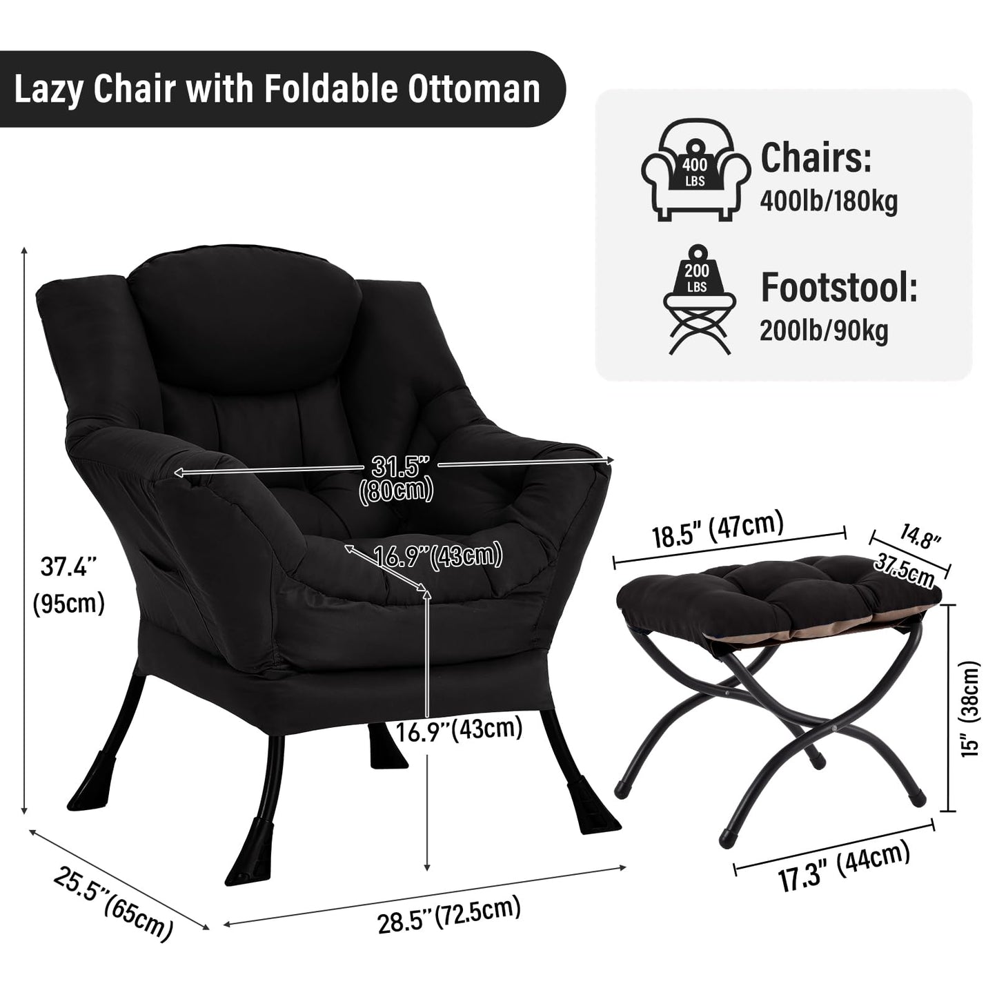 Furlide Lazy Chair with Ottoman, Modern Accent Chair with Armrests and a Side Pocket, Black Accent Chairs, Reading Chairs, Oversized Armchairs for Bedroom, Study, Living Room, Courtyard