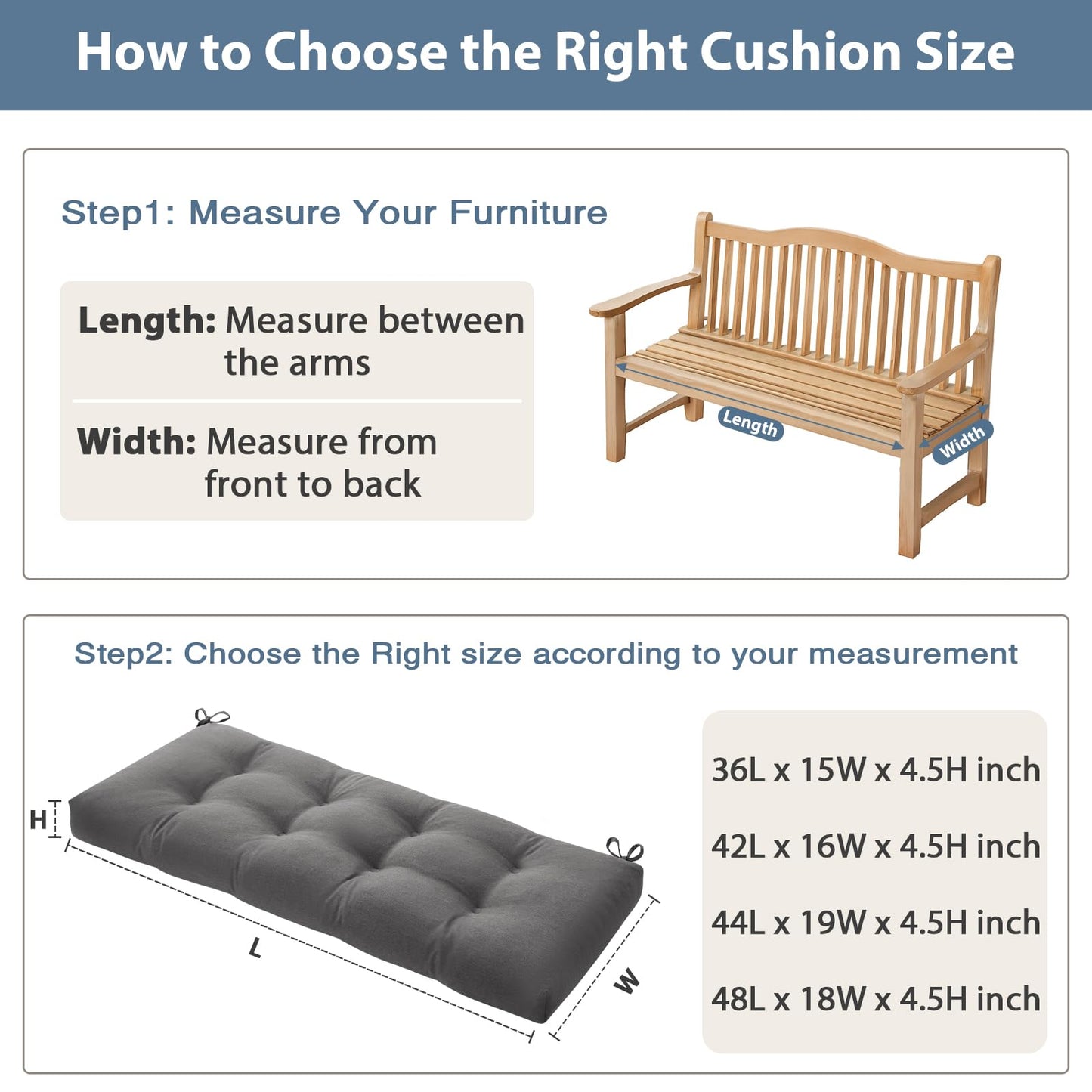WEOAVRY 48 Inch Bench Cushions for Indoor Furniture, Super Soft Rectangle Bench seat Cushion Pad with Non-Slip Bottom, Waterproof Bench Pad for Window Porch(Grey, 48x18x4.5 Inch)