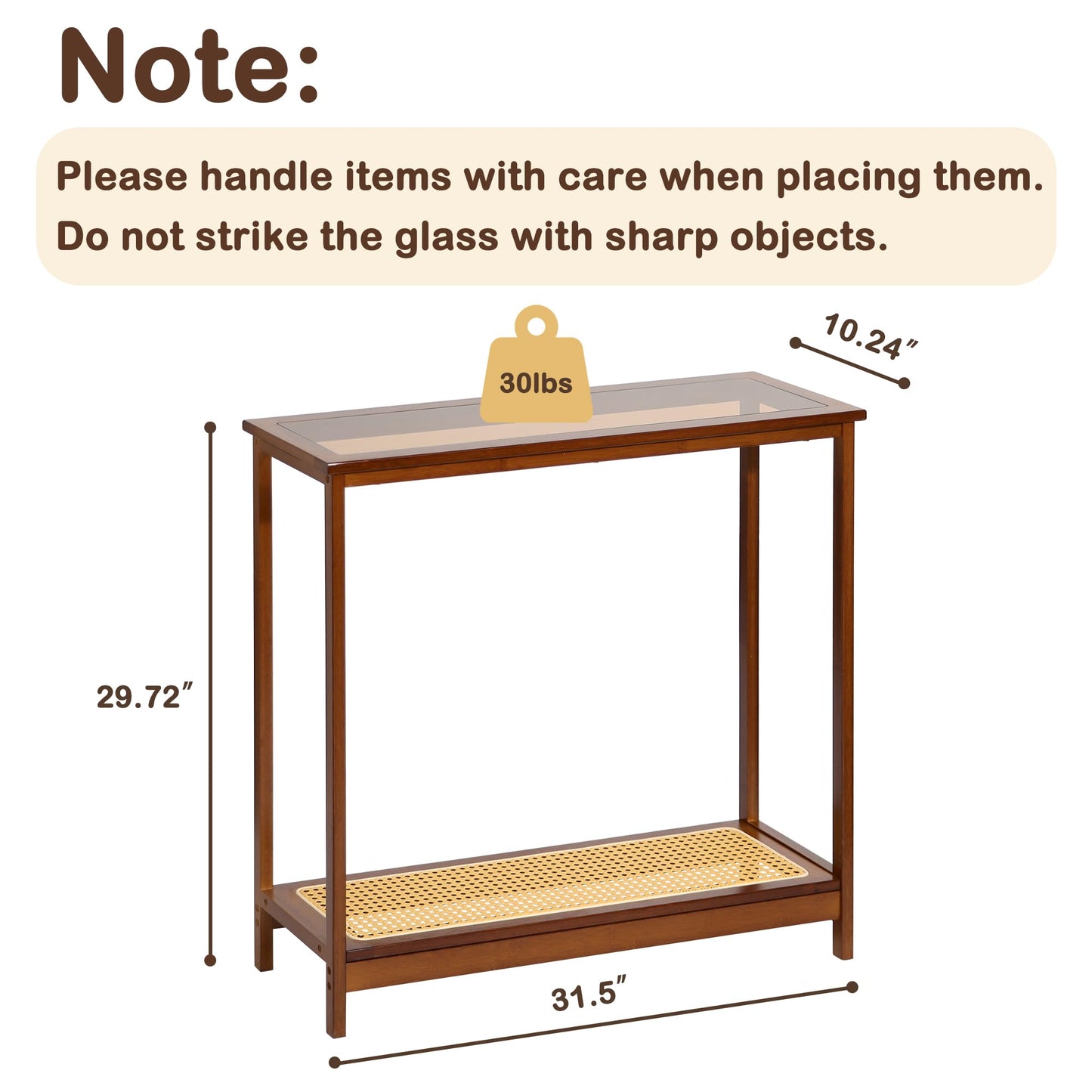 Mordchil HF Bamboo Narrow Console Table, 31.5"(L) Wood Small Entryway Table with Rattan and Glass, Accent Slim Hallway Tables, Thin Sofa Side Tables for Hallway, Living Room, Bedroom, Foyer, Walnut