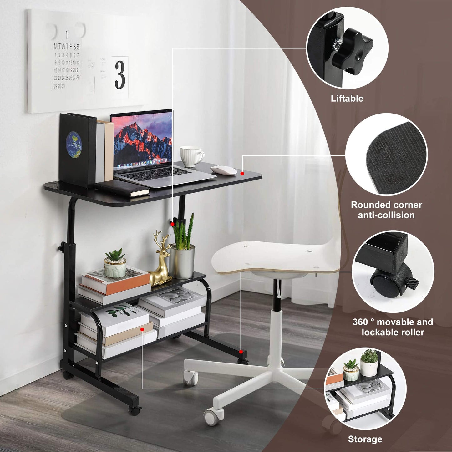 Fawabriyj Adjustable Laptop Standing Desk - Mobile Rolling Computer Workstation for Small Spaces, Portable Home Office Desk with Storage Black
