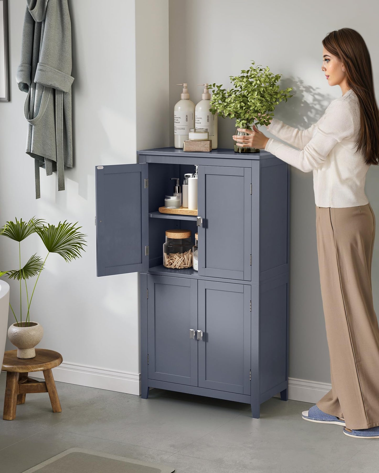 VASAGLE Floor Storage Cabinet, Freestanding Storage Unit with 4 Doors, Adjustable Shelves, 11.8 x 23.6 x 43.3 Inches, for Entryway, Bathroom, Slate Gray UBBC552G01