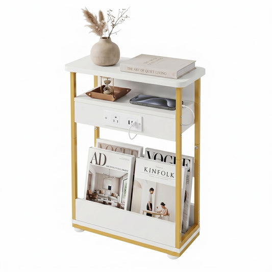 YEAKOO Narrow Side Table with Charging Station, 3-Tier End Table with 2 USB Ports & Power Outlets, Thin Sofa Side Table for Small Spaces, Bedside Table Nightstand for Living Room, White+Gold