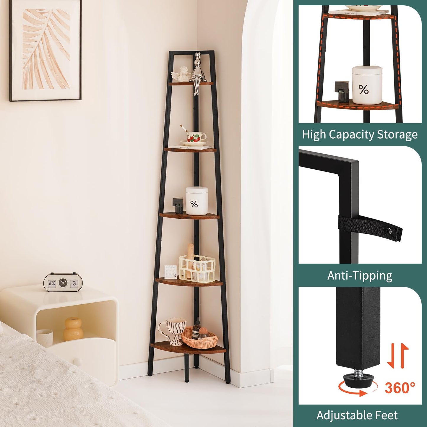 Yoobure Corner Shelf, 5-Tier Corner Bookshelf with Metal Frame & Wood Ladder Shelves - Display Shelf & Tall Bookcase, Plant Stand for Home Decor - Bedroom, Living Room, Office