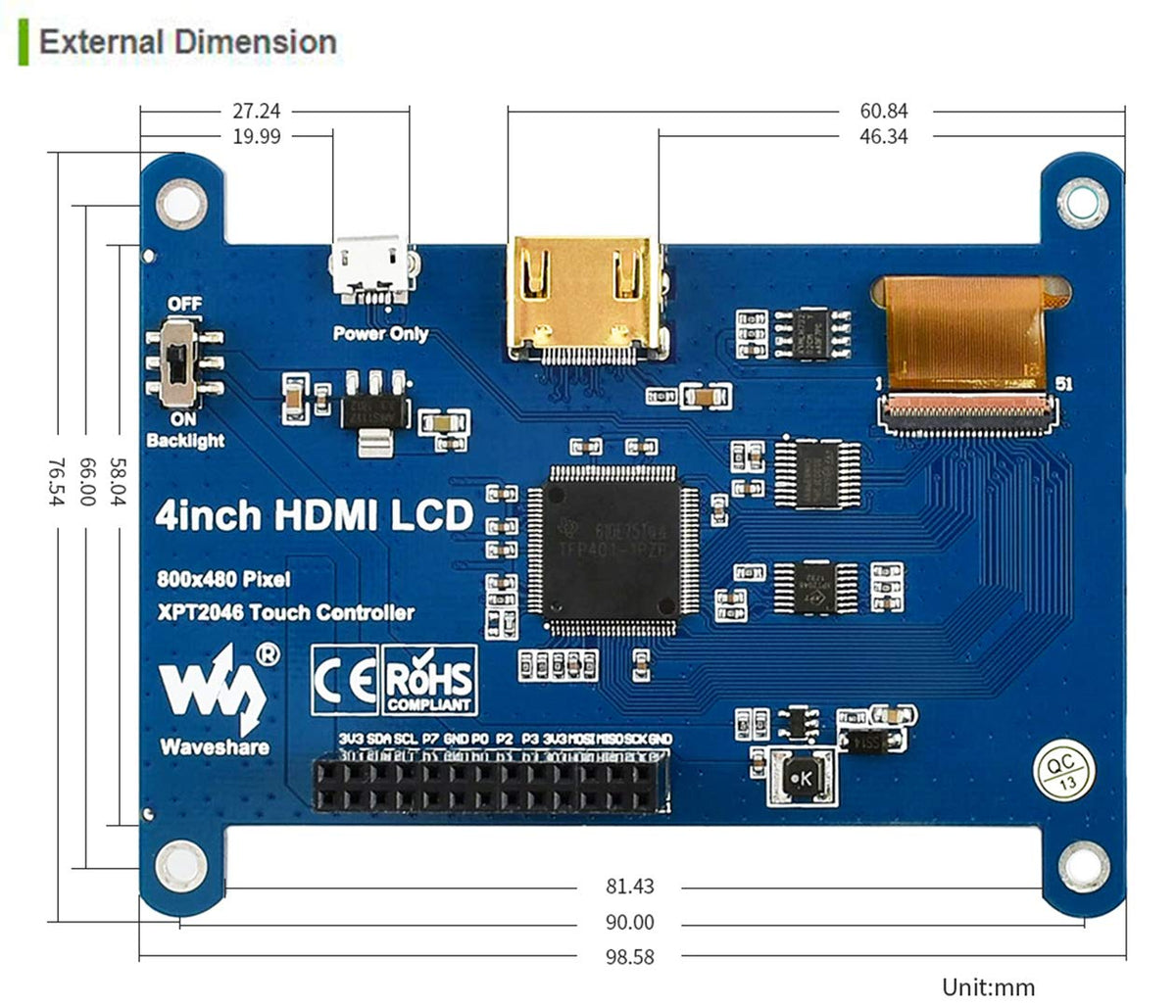 waveshare 4 inch HDMI LCD IPS Display 800x480 Resolution Resistive Touch Screen Interface for Raspberry Pi 4 B/3 B/3 B+/2 B/B+/B Zero W