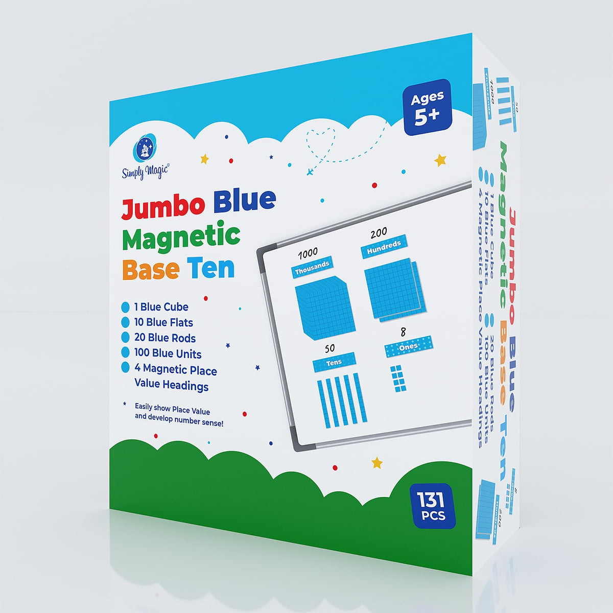 Simply magic 131+4 PCS Jumbo Blue Magnetic Base Ten Blocks for Math + Headings - Math Manipulatives, Base 10 Blocks, Place Value Manipulatives Magnets, Counters for Kids, Classroom Must Haves