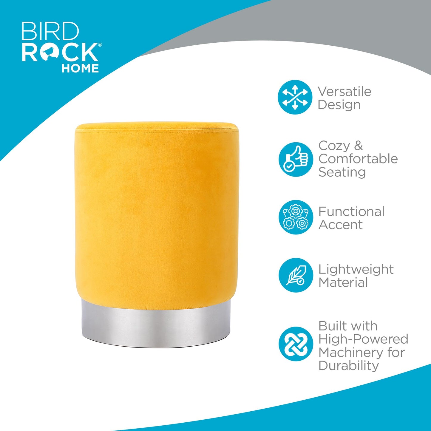 BIRDROCK HOME Round Ottoman Foot Stool – Modern Soft Padded Velvet Vanity Chair with Silver Metal Trim – Accent Chair or Foot Rest for Living Room, Bedroom, or Dressing Room (Yellow)