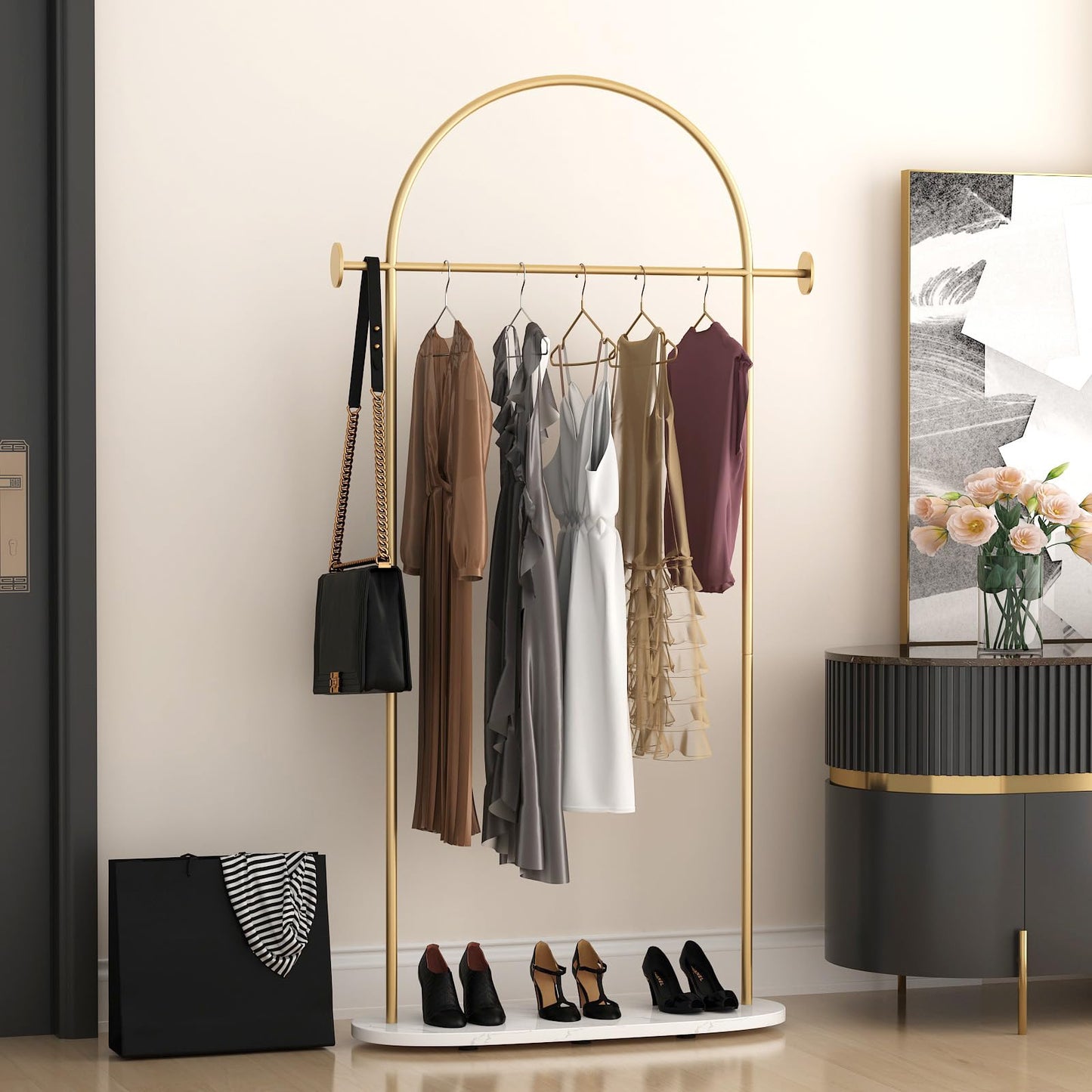 KADIGANG Gold Clothing Rack, Modern Clothes Rack with Shelf, Heavy Duty Freestanding Coat Rack, Metal Coat Hanger Stand with Hooks for Boutique Office