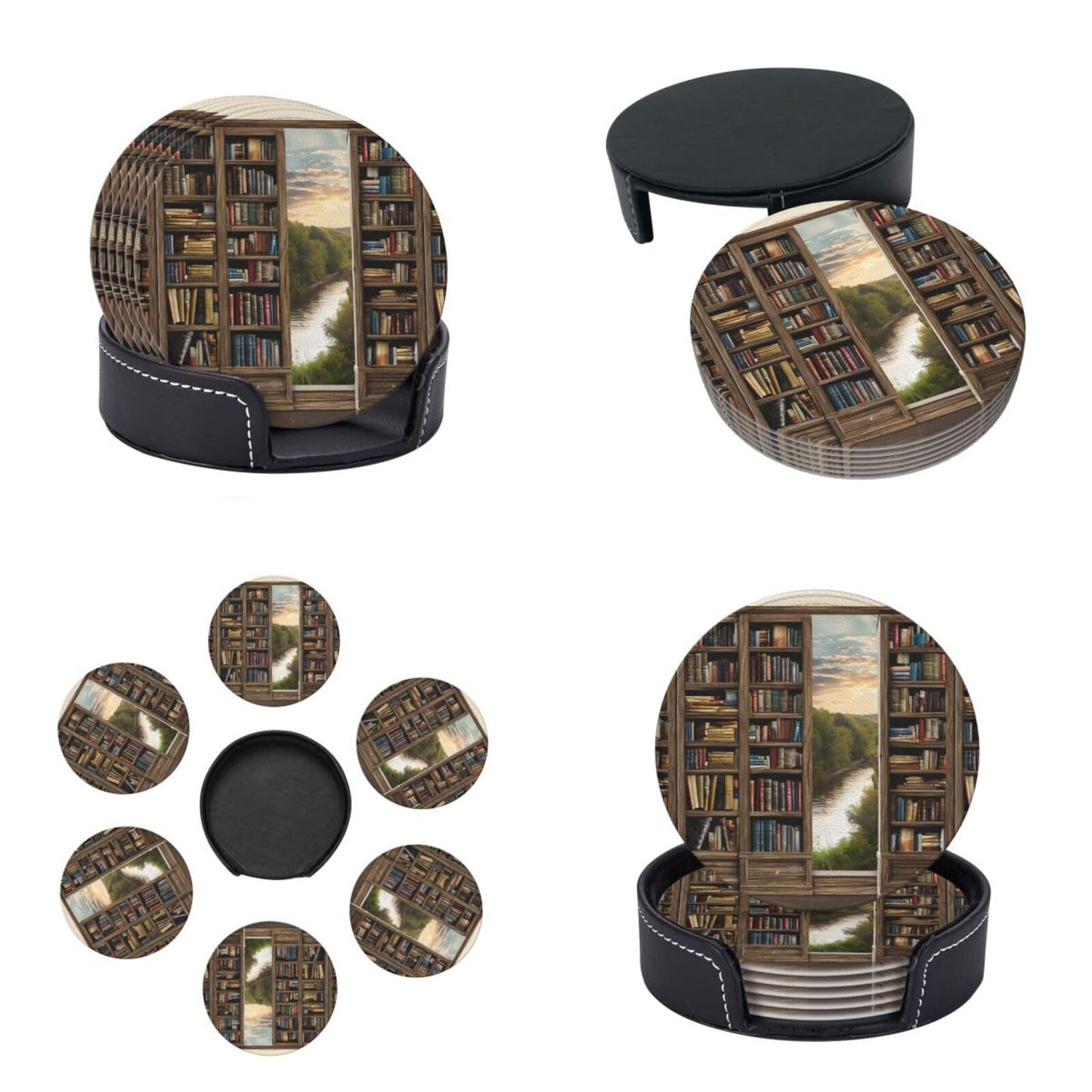 Set of 6 (Library Bookshelf Book Print) Printed Leather Coasters with Holder, Table Decor to Protect Furniture from Water Marks, Scratches and Damage, Wedding Favors and New Home Gift