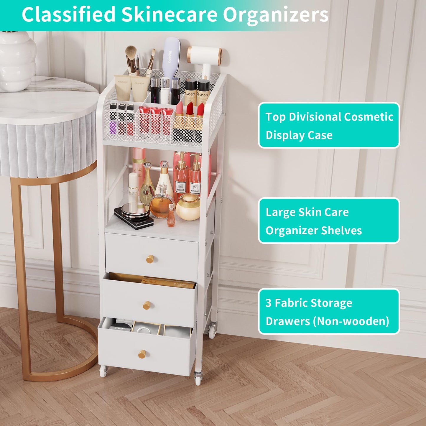 HapiRm Rolling Makeup Cart Organizer - Floor Skincare Make Up Storage with 3 Non-woven Fabric Drawers, Vanity Organizer Cosmetic Display Cases Holder for Skin Care Perfume Nail Polish Brush Hair Tool
