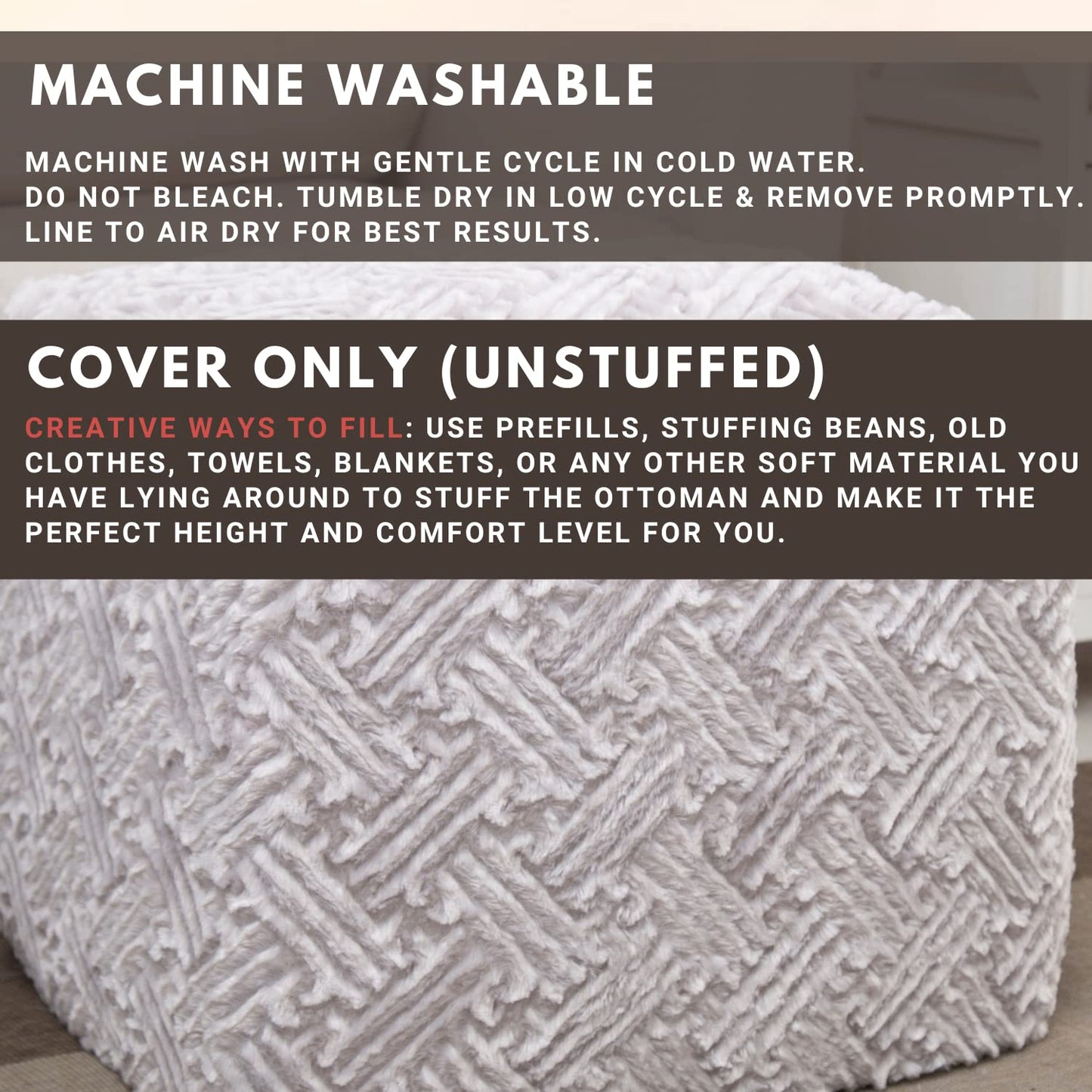 DaDalogy Bedding Lavender Grey Faux Fur Ottoman Pouf Cover [NO Insert] - Soft Cozy Geometric Décor with Zipper- 1-Piece 18" x 18" x 18"