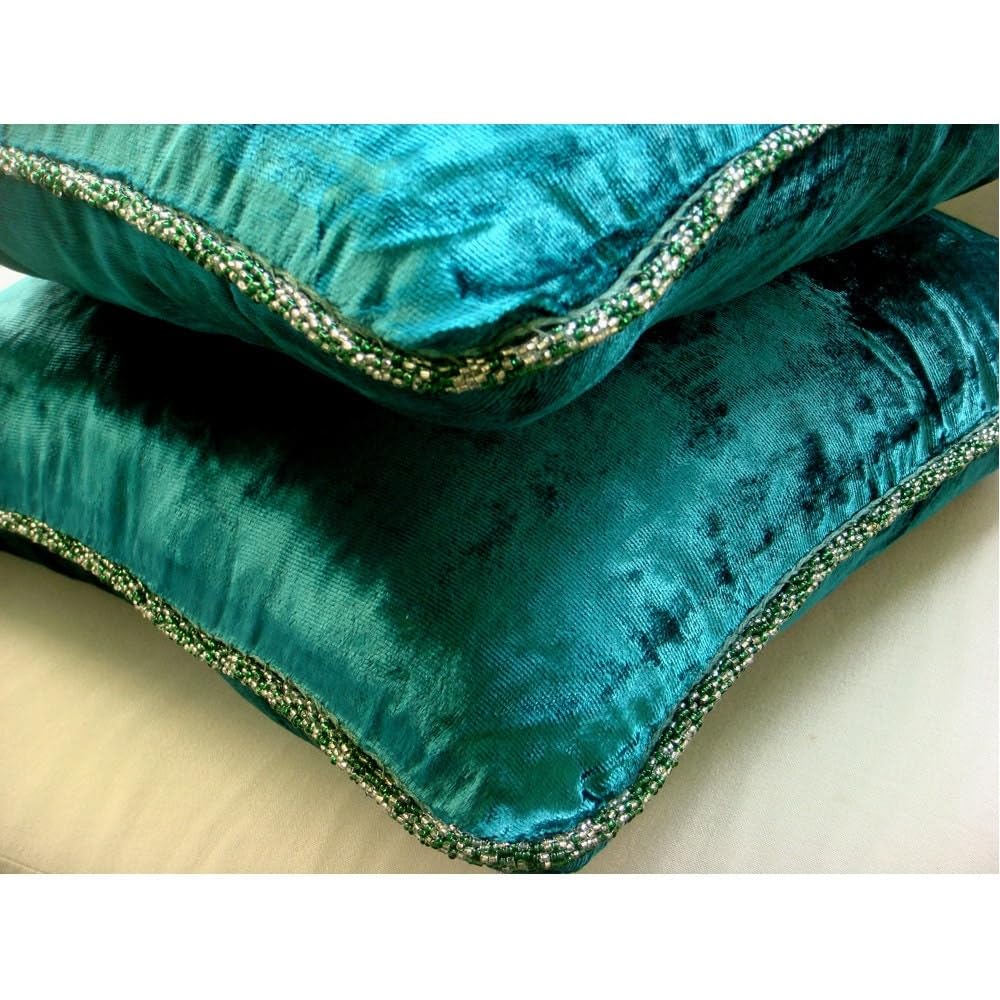 HomeCentric Royal Peacock Green Throw Pillow, 20x20 inch, Velvet Square - Solid Contemporary Design with Bead Cord