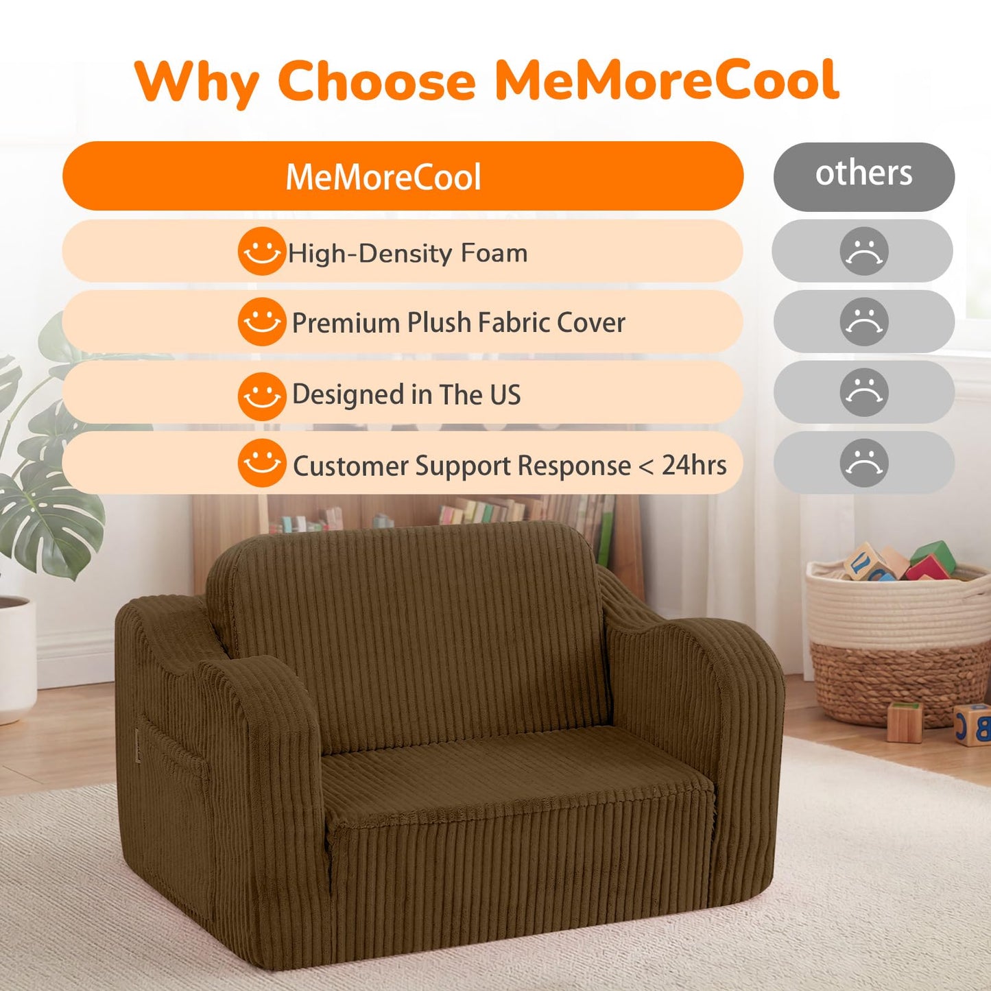 MeMoreCool Kids Couch, 2-in-1 Corduroy Kids Couch Fold Out to Recliner, Comfy Kids Chair for Ages 3+, Cushioned Foam Kids Sofa with Washable Cover for Playroom and Bedroom, Brown