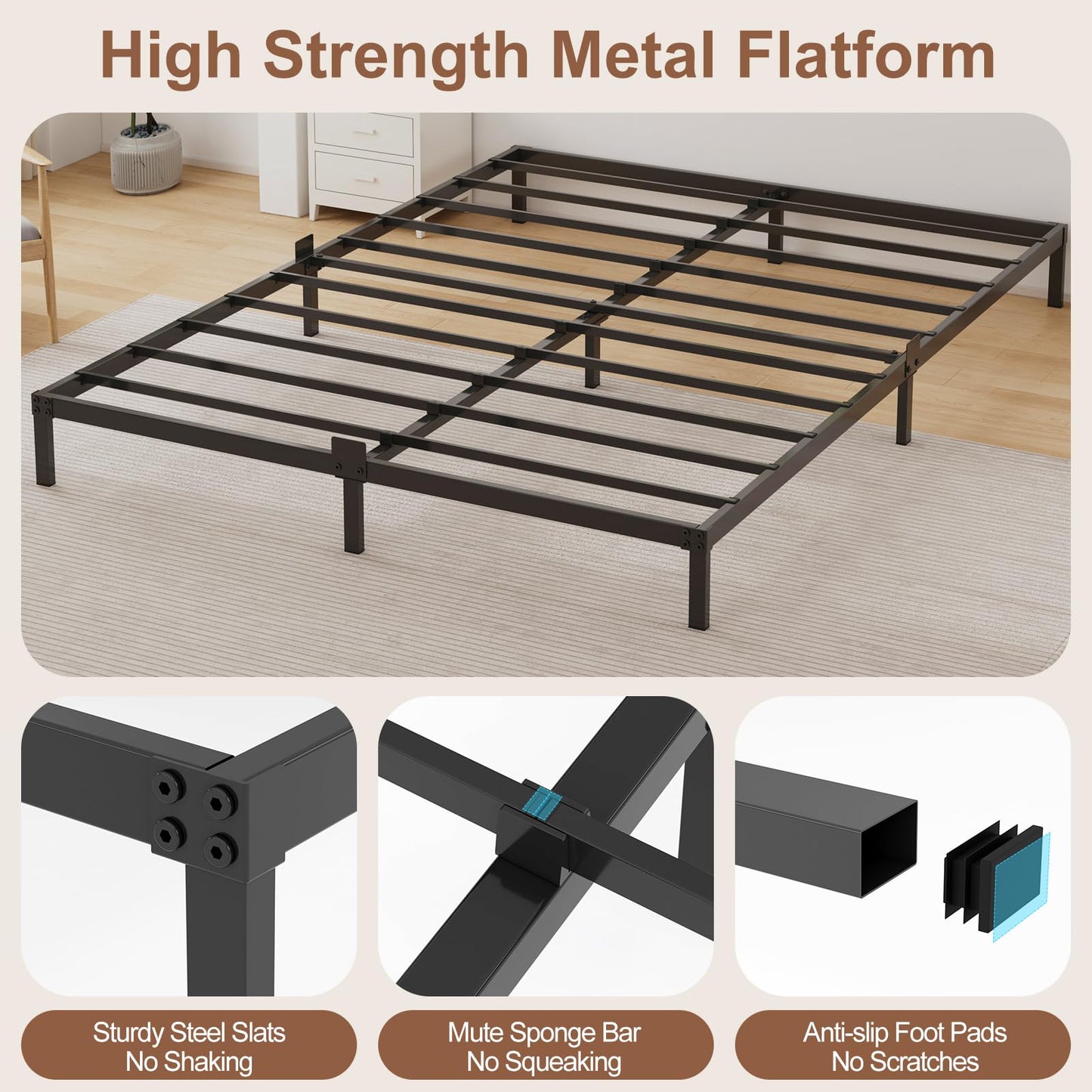 Samhapyrom 6 Inch Low Profile Full Size Bed Frame, Noise-Free Heavy Duty Metal Platform with Mattress Stopper, No Box Spring Needed, Easy Assembly Steel Support, Black