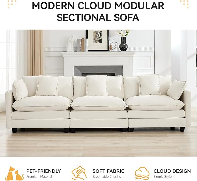 111'' Sectional Cloud Deep Seat Couch, Modern Comfy Chenille Modular Sectional