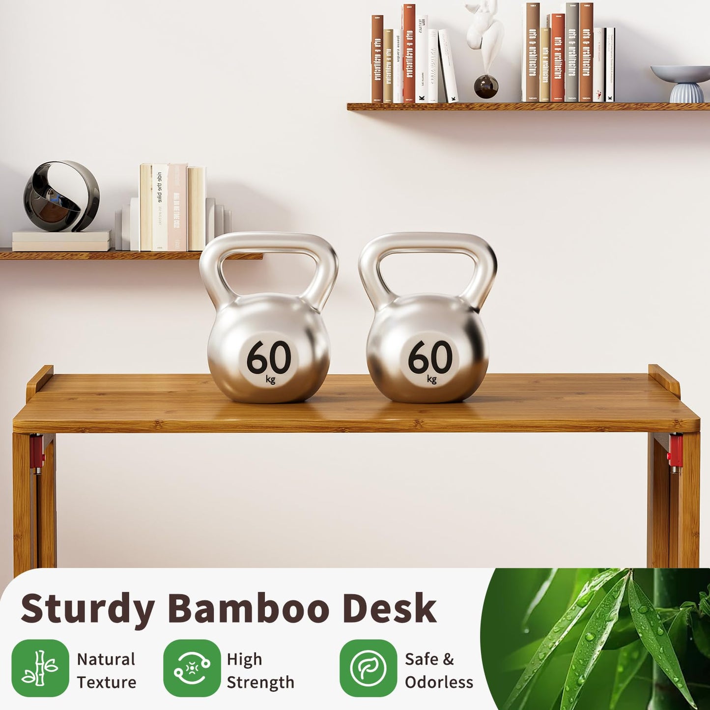 Dezyfurni Bamboo Foldable Desk, Folding Desks for Small Spaces, Mid Century Small Computer Desk with Bookshelf for Bedroom Home Office, Brown
