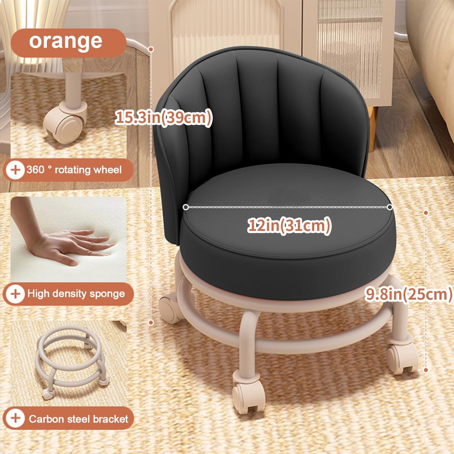 Sejone Low Rolling Stool with Backrest,Rolling Pedicure Seat,Low Stool with Wheels for Home, Office, Garage, Shop, Library (Black)