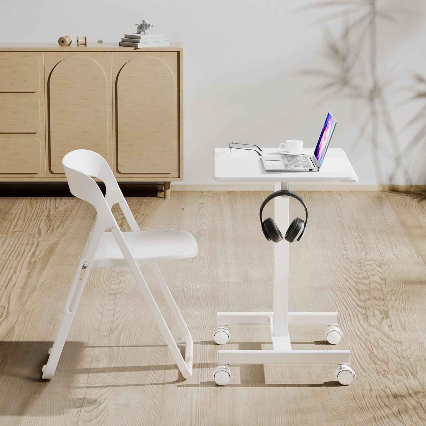JUNHEDAMAI Mobile Standing Desk Adjustable Height, Portable Rolling Laptop Desk with Lockable Wheels and Hook, Sit Stand Up Desk, Standing Rolling Cart Desk with Gas Spring for Home, Office, Hospital