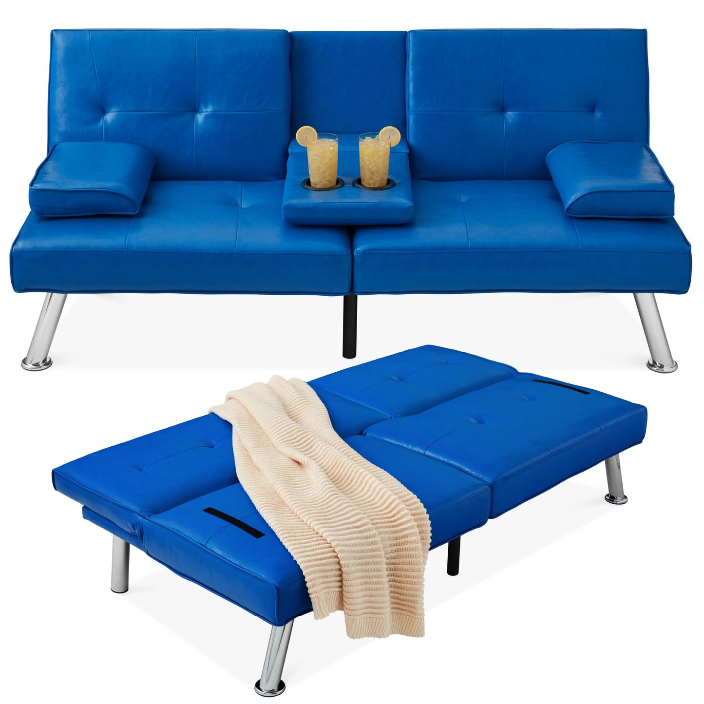 Best Choice Products Faux Leather Upholstered Modern Convertible Futon, Adjustable Folding Sofa Bed, Guest Bed w/Removable Armrests - Royal Blue