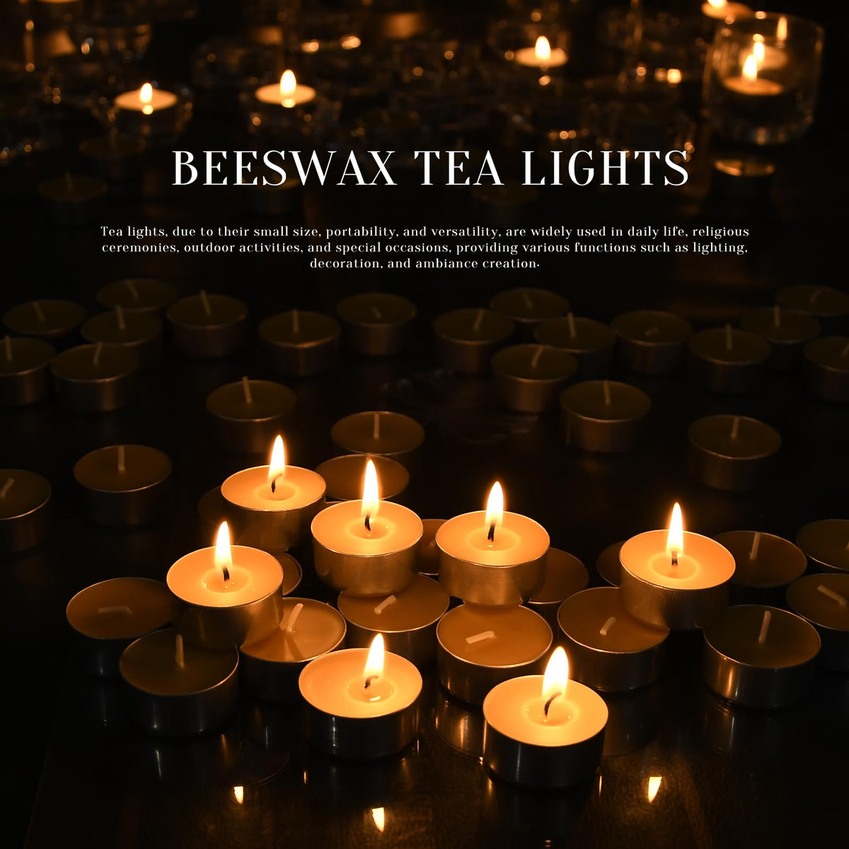 Natural Organic Beeswax Tea Candles in Metal Aluminum Cup - Small Candle Bulk Natural Scent Smokeless 4-5 Hours Long Burning - Yellow, Pack of 50
