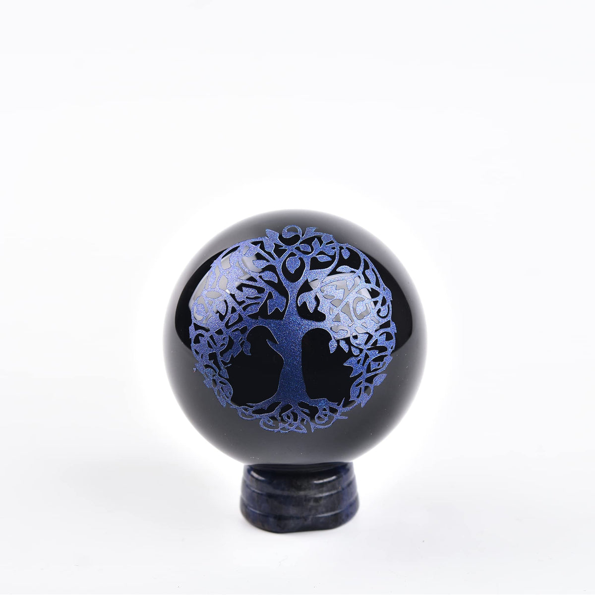 JIC Gem Small Black Obsidian Crystal Ball Sphere Carving Tree of Life with Blue Sodalite Decorative Stand for Meditation, Healing, Feng Shui (60mm / 2.2in)