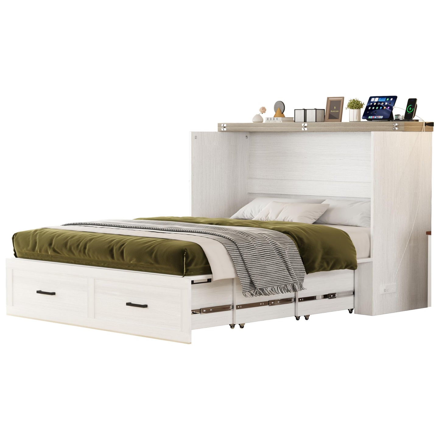 BOVTE White Farmhouse Queen Murphy Cabinet Bed with Charging Station, Foldable Platform & Large Storage Drawer for Guest Rooms