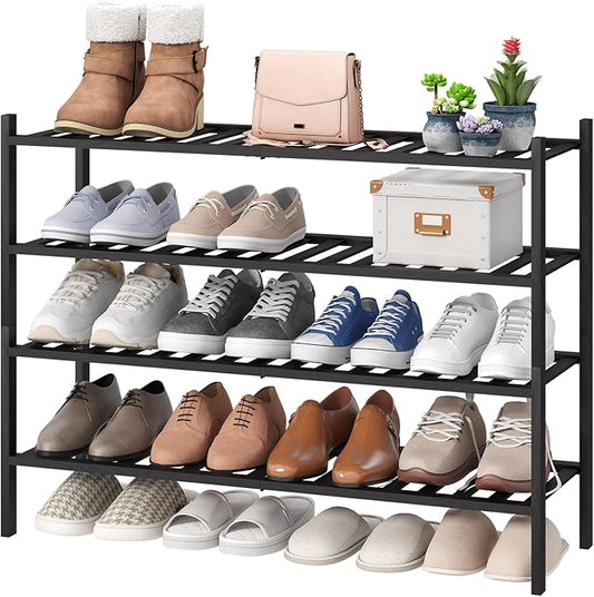 viewcare Black 4-Tier Long Shoe Rack, Bamboo Wood