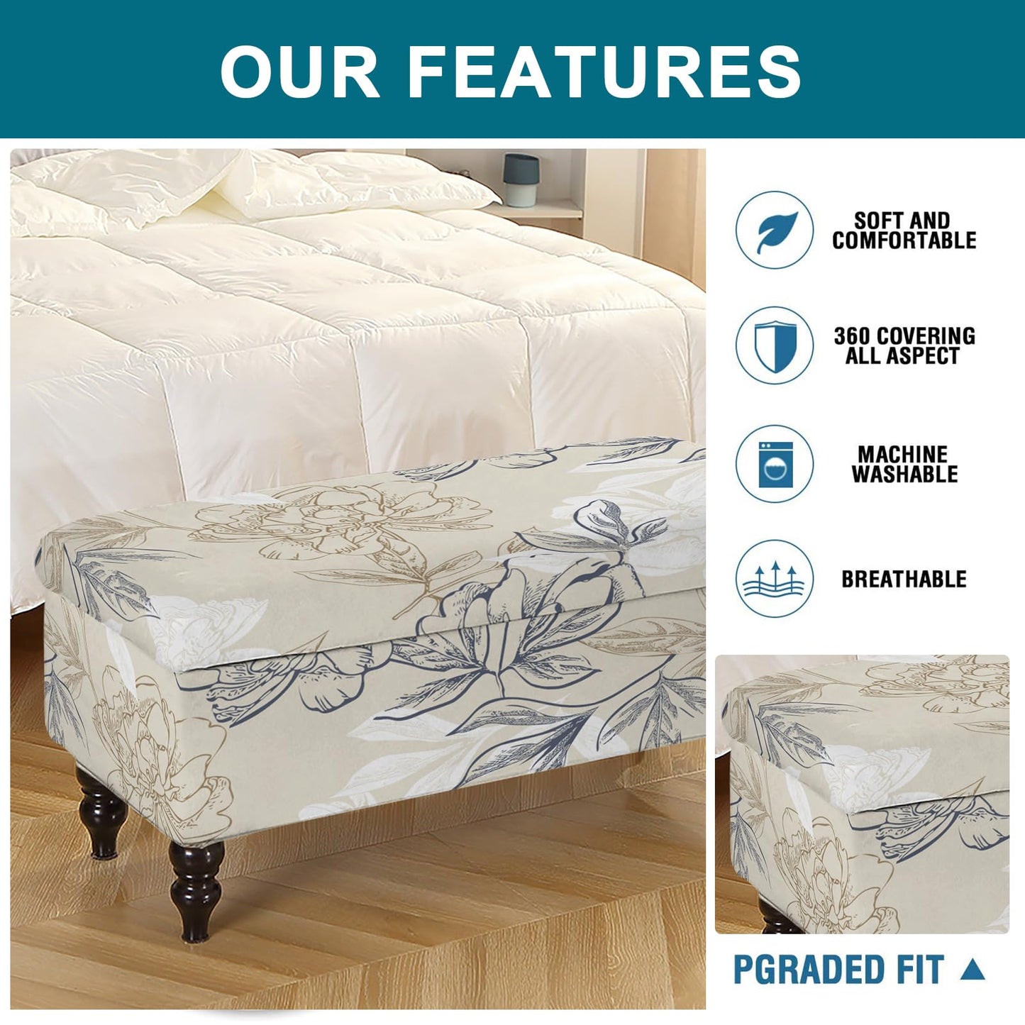 KRFOONN Rectangle Ottoman Covers Stretch Folding Storage Ottoman Bench Cover Printed Storage Folding Footrest Stool Slipcover Furniture Protector for Living Room Bedroom Bench (Small, 01)
