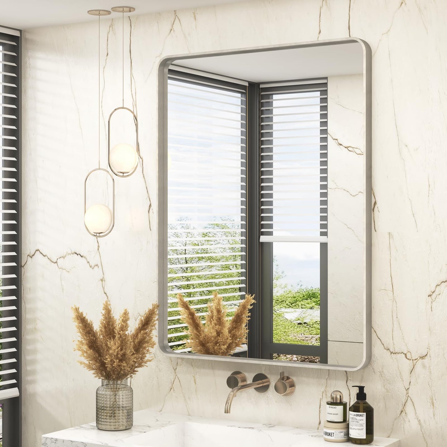 VANLIO 28x36 Inch Brushed Nickel Bathroom Mirror, Brushed Silver Metal Framed Wall Mirror, Rounded Rectangle Bathroom Vanity Mirror, Anti-Rust, Shatterproof (Horizontal/Vertical)