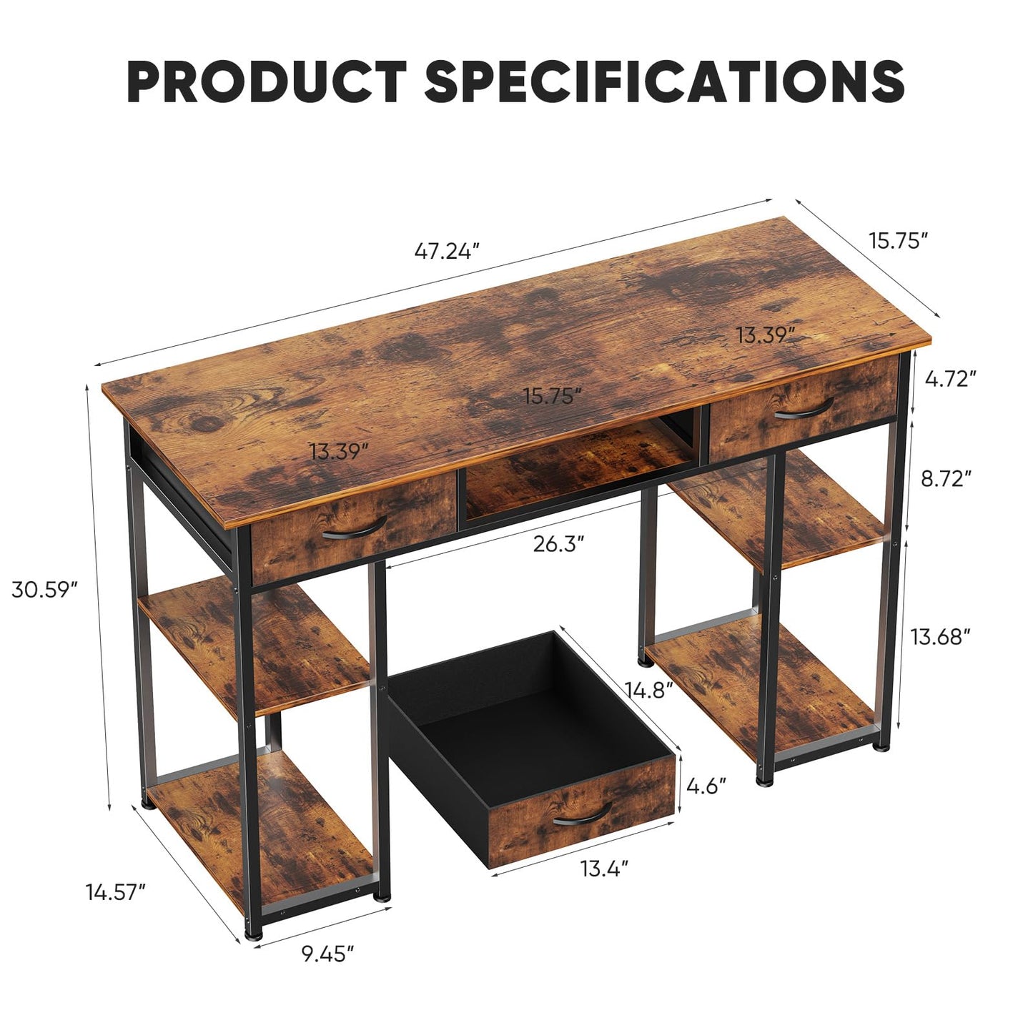 DUMOS 48" Small Computer Home Office Desk for Bedroom with Drawers, Gaming Writing Study Table with Storage Shelf, Adjustable Feet, Metal Frame Natural Brown