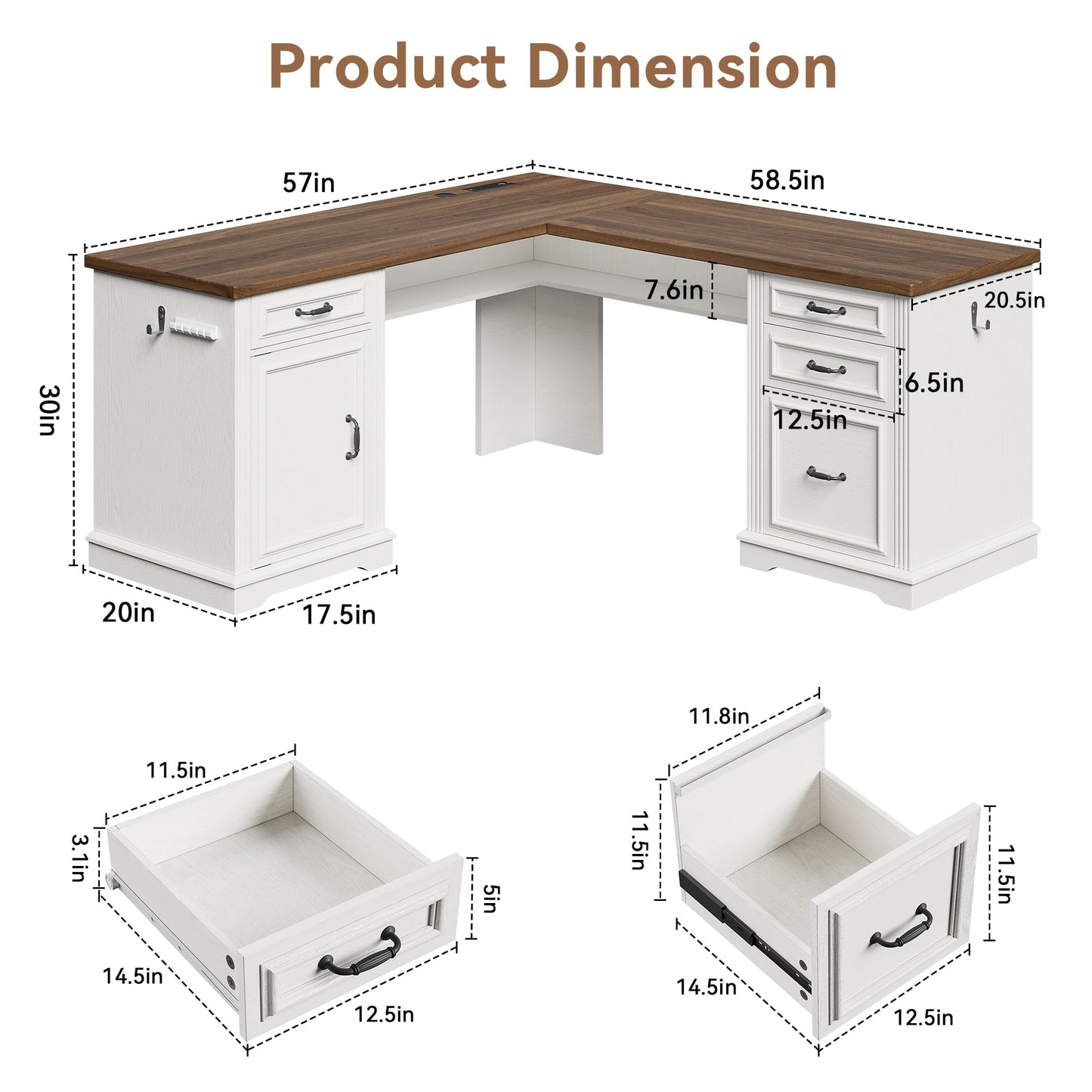 Farmhouse L Shaped Executive Desk with 4 Drawers and Charging Station, Wood Corner Home Office Computer Desk with File Cabinet Storage, Hidden Under Desk Storage Shelf, Headphone Hook - Brown+White