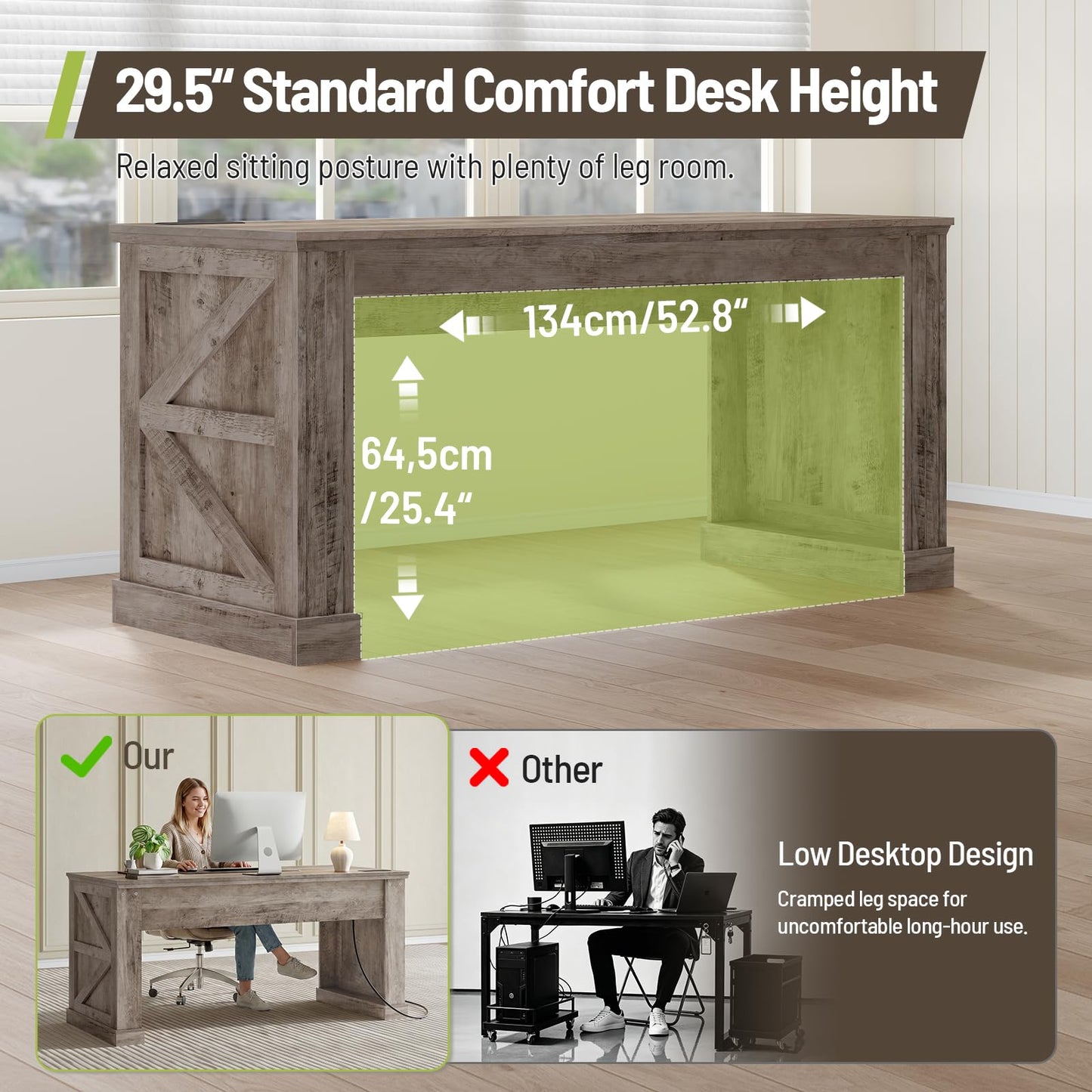 STHYTON 63-Inch Farmhouse Executive Desk, Long Computer Desk with Built-in Charging Station & Bottom Storage, Home Office Writing Study Desk for Bedroom, Living Room, Oak Gray