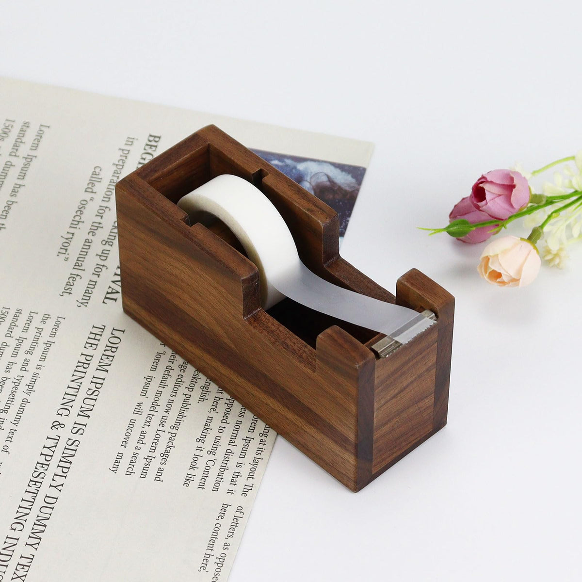 Buqoo Wood Desk Tape Dispenser Natural Walnut Wood Tape Desk Dispenser Cute Packing Tape Dispenser Sturdy and Stylish Adhesive Tape Holder for Office and Home Use (Black Walnut)