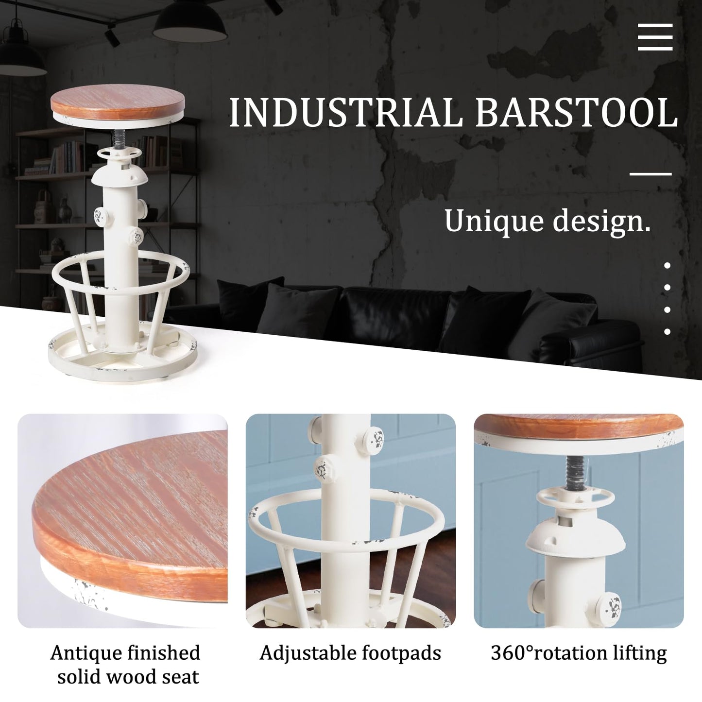 Topower Aged Antique Industrial Round Bottom Adjustable Height Cafe Coffee Retro Vintage Stylish Water Pipe Design Pub Kitchen Bar Stool (Antique White, Wooden Top)