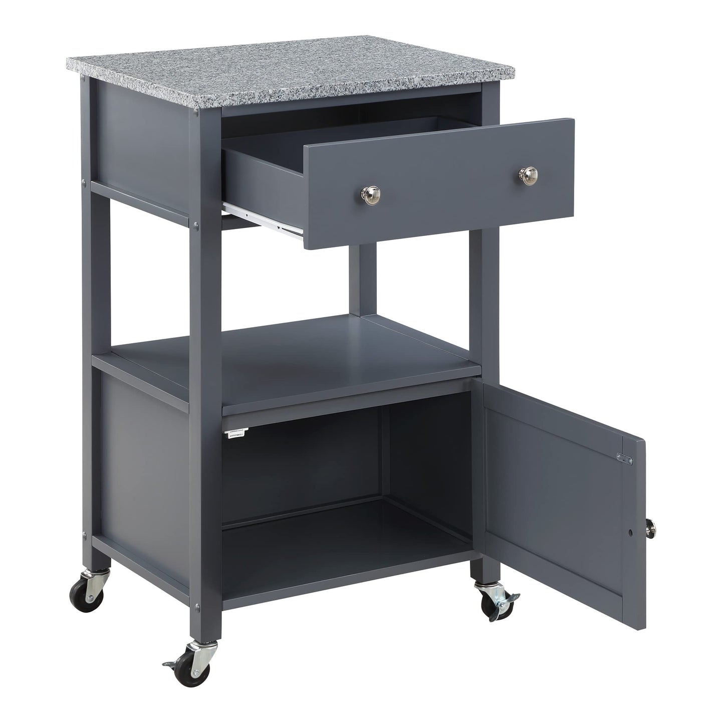 OSP Home Furnishings Fairfax Farmhouse Kitchen Cart with Granite Top, Rolling Storage Cabinet with Towel Rack, Shelf and Drawer, Grey Finish