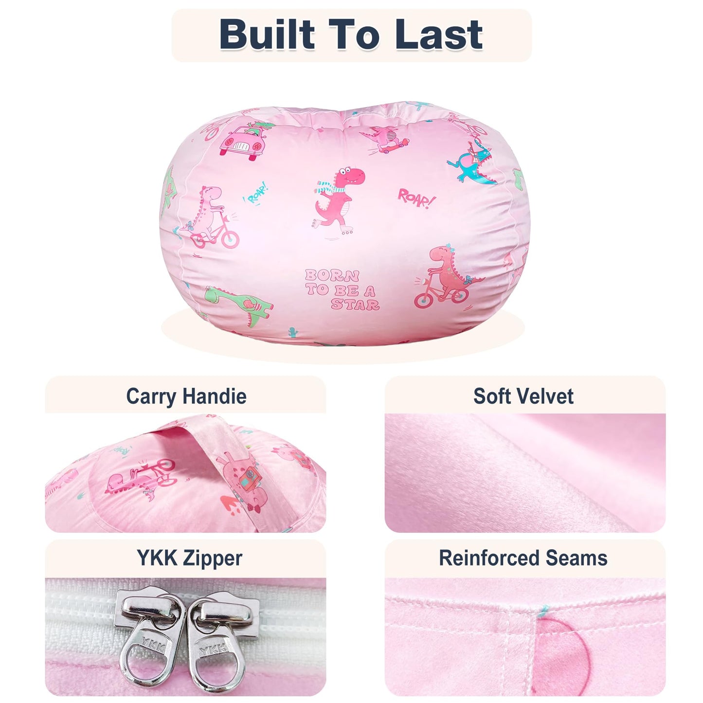 Lukeight Dinosaur Stuffed Animals Storage Bean Bag Chair Cover for Kids, Cozy Velvet Plush Toy Organizer Seat, Cover Only, No Filling Included, Long YKK Zipper, Side Pocket, X-Large 30 x 18 in