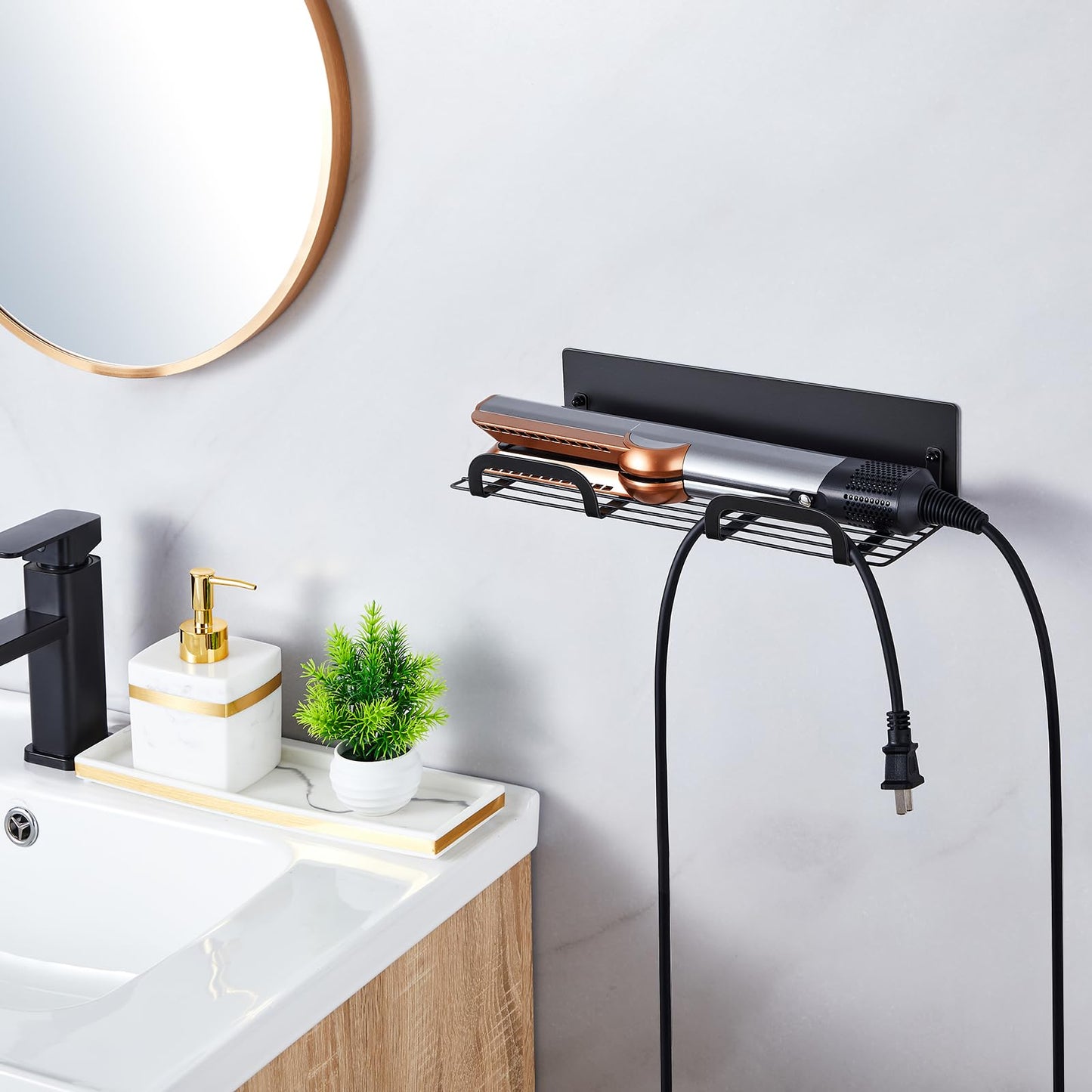 WAYASI Straighteners Holder Wall Mounted Metal Hair Dryer Holder for Curling Wands Accessories Adhesive Curling Iron Holder Hair Tool Organizer for Vanity Bathroom Barber Shops (Black)