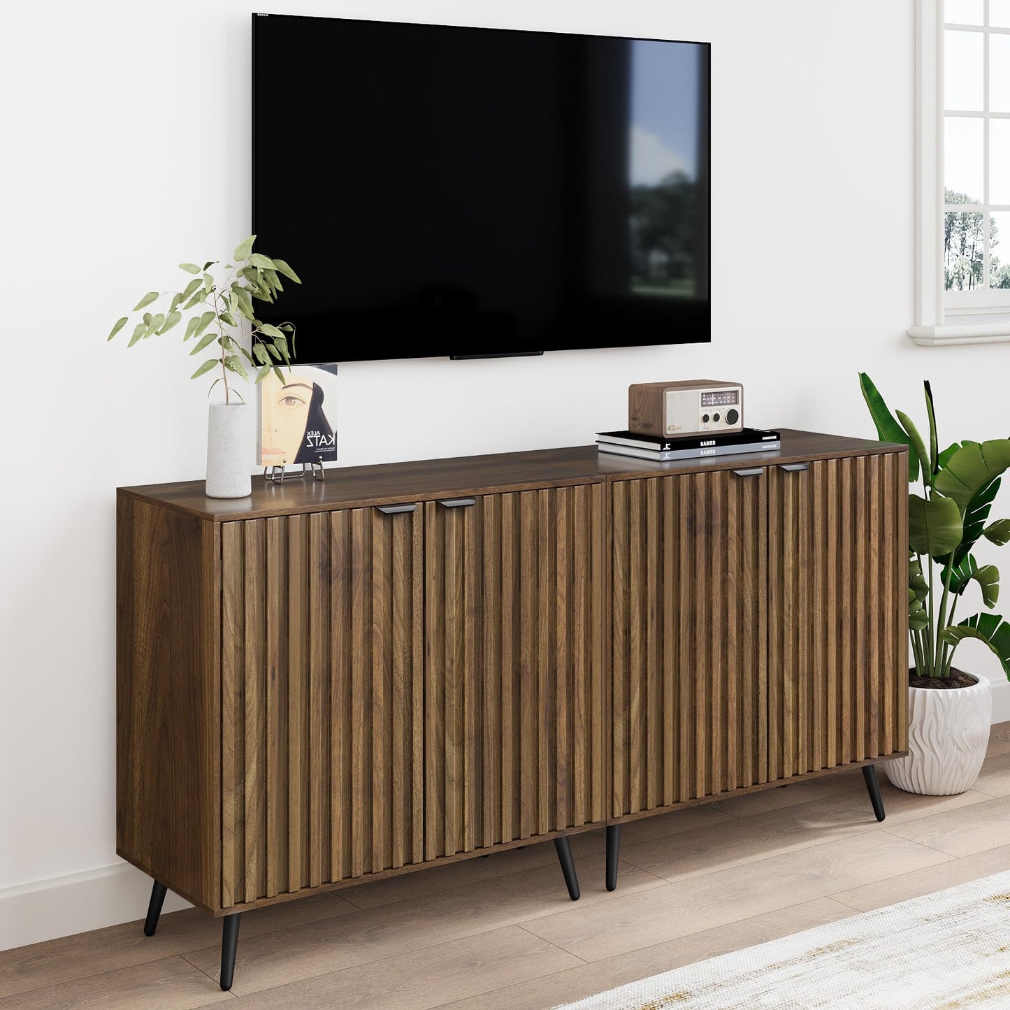 Smuxee Fluted Sideboard Cabinet, Freestanding Walnut Buffet Cabinet with Adjustable Shelf, Wood Storage Cabinet for Living Room, Entryway, Hallway