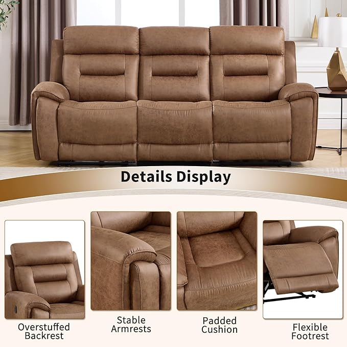 ANJ Power Oversized Reclining Sofa Couch, Breathable Faux Leather 3-Seater