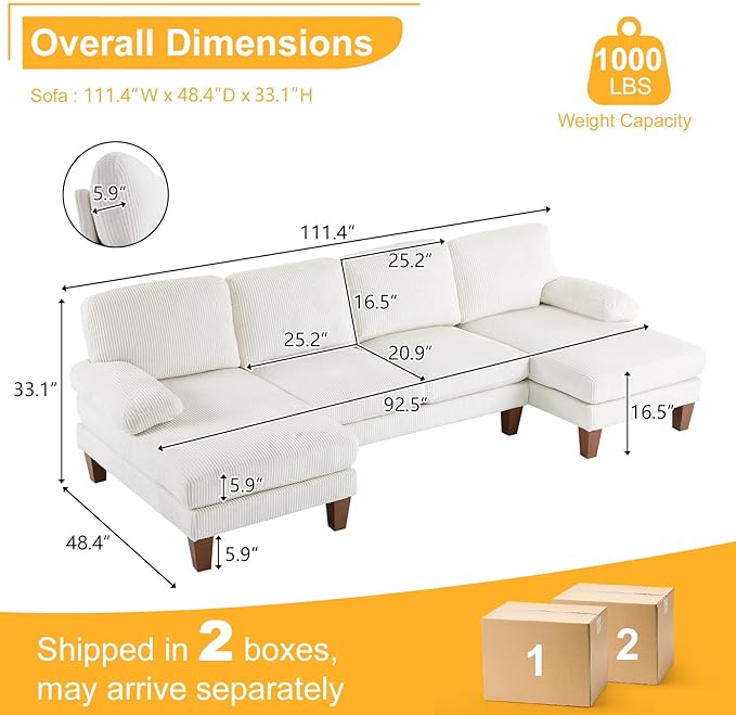Karl home U-Shape Sectional Sofa Couch 111" Modern 4-Seat Sofa