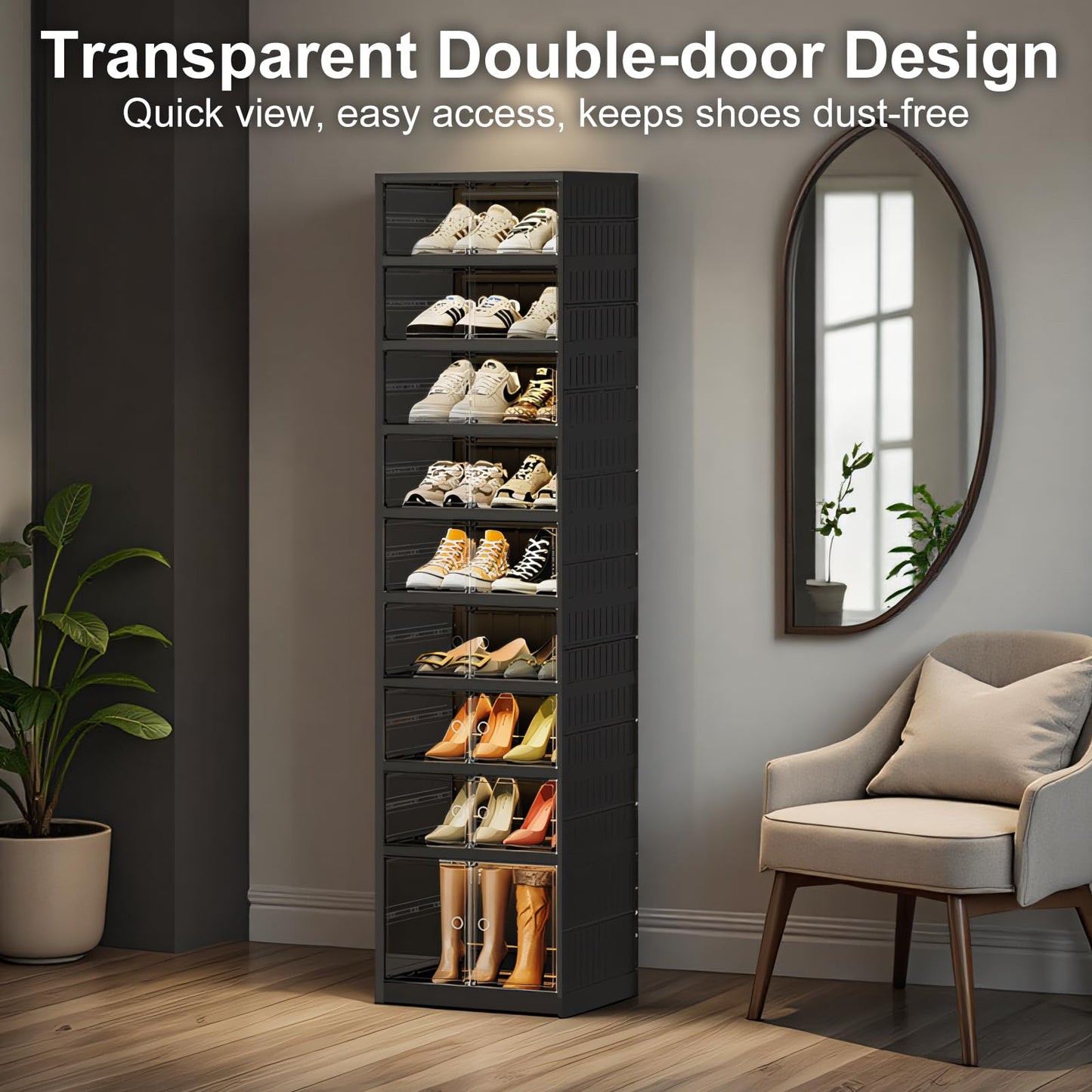 SYNCVIBE Shoe Rack Organizer for Closet Entryway Foldable Sneaker Storage Shoe, Collapsible Shoe Cabinet, Stackable Shoe Storage Cabinet with Lids for Living Room (9 Tiers -18 Pairs Black)