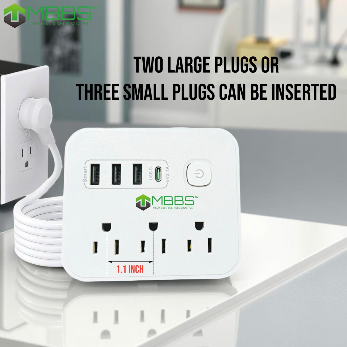 Surge Protector Power Strip with USB C, Heavy Duty Extension Cord – (7-in-1) 3 AC Outlets, 4 USB Ports, LED On/Off Switch – Compact & Travel Friendly – Home, Office. (5ft)