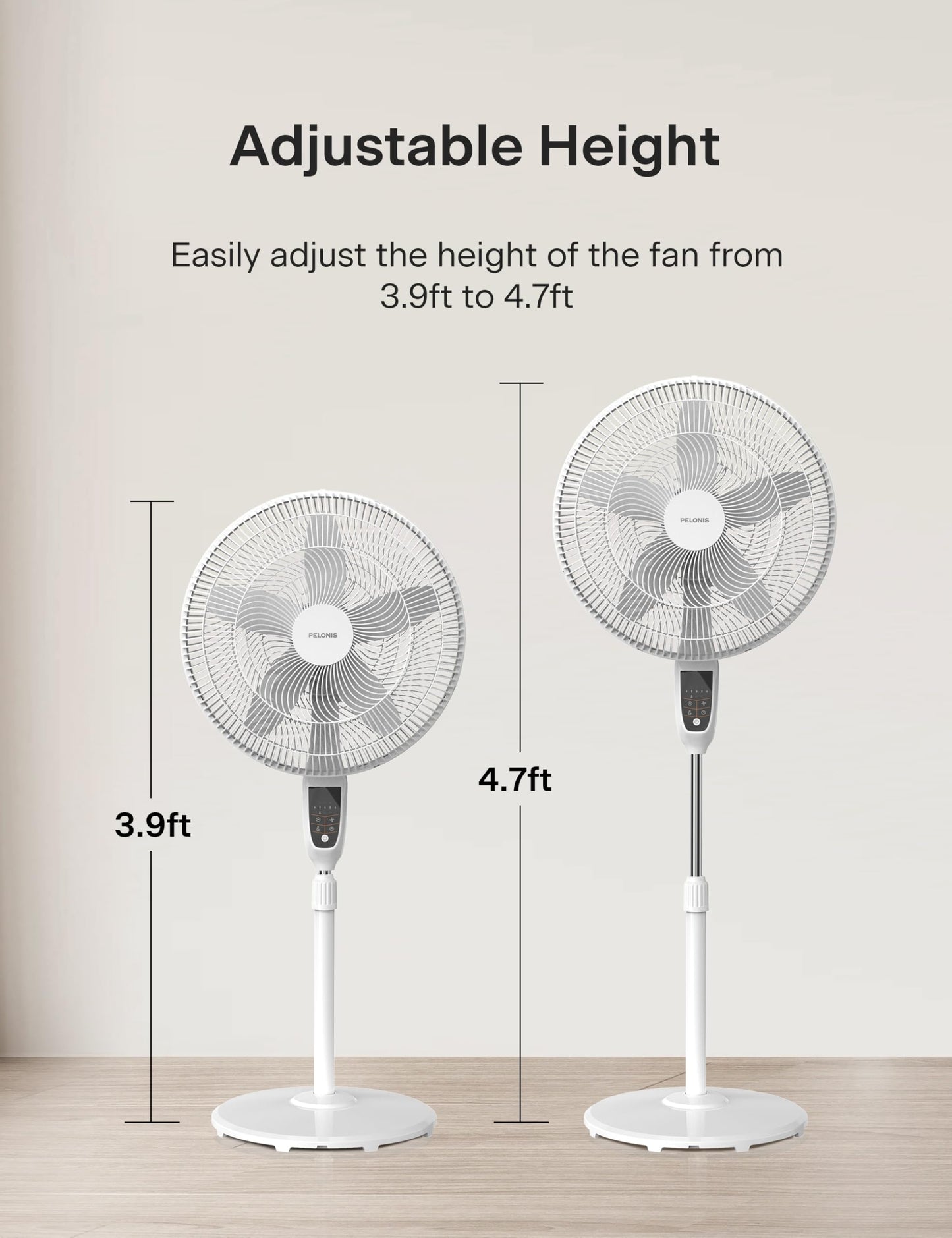 PELONIS PSFS18D1AW 18 inch 5-Blade Oscillating, Adjustable Standing Pedestal Remote, LED Display, 5 Speed Setting and 7-Hour Timer Fan, White